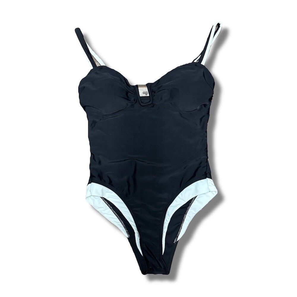 Womens One Piece Swimsuit Black White Trim Adjustable Straps Size S